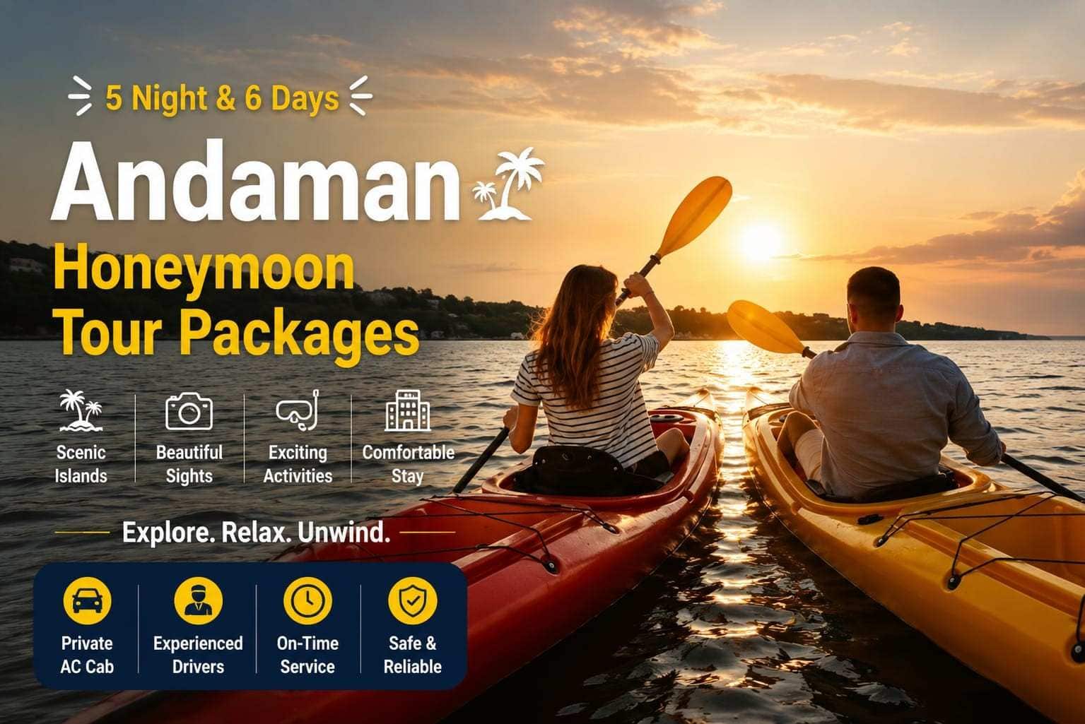 Couple kayaking at sunset in Andaman Islands for honeymoon tour.