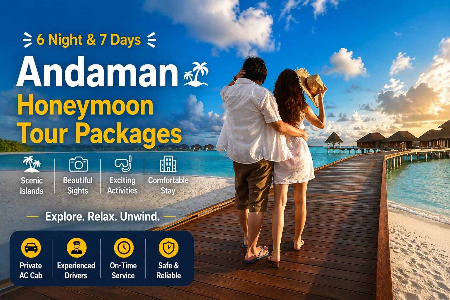 Couple walking on a wooden pier at sunset in Andaman for honeymoon tour.