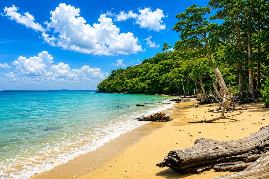 Beautiful Andaman beach with clear blue water and lush green trees.