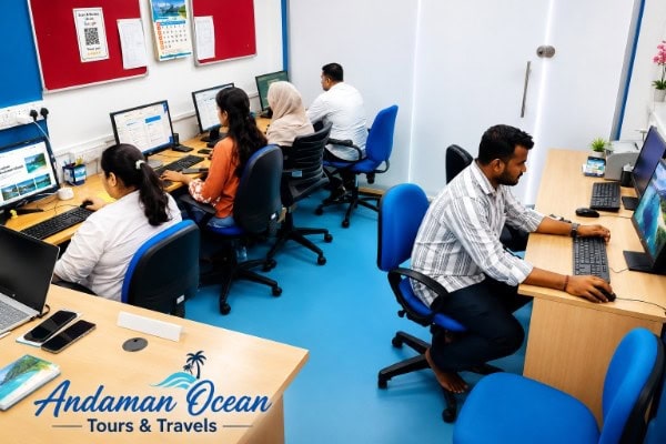 Travel agency office with staff working on computers in Andaman.
