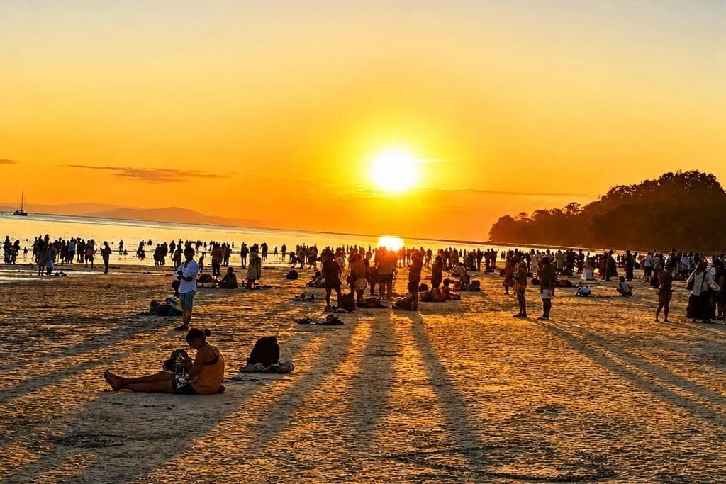 Crowd enjoying sunset on the beach during evening in Andaman.