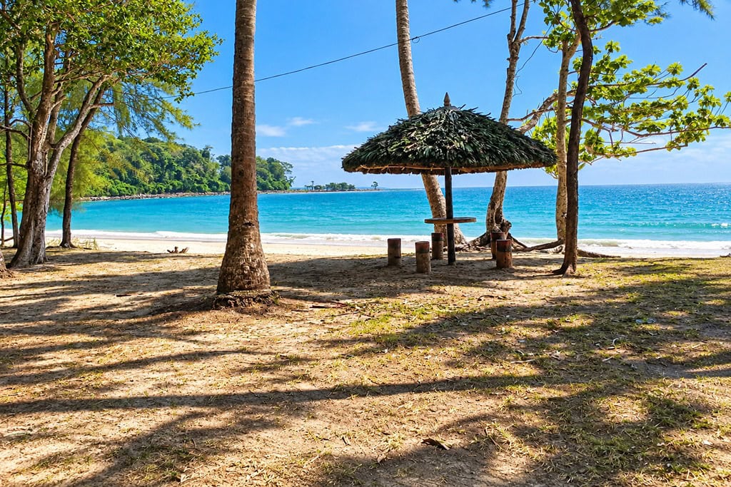 Scenic coastline of Raman Bagicha Beach in Rangat surrounded by tropical greenery